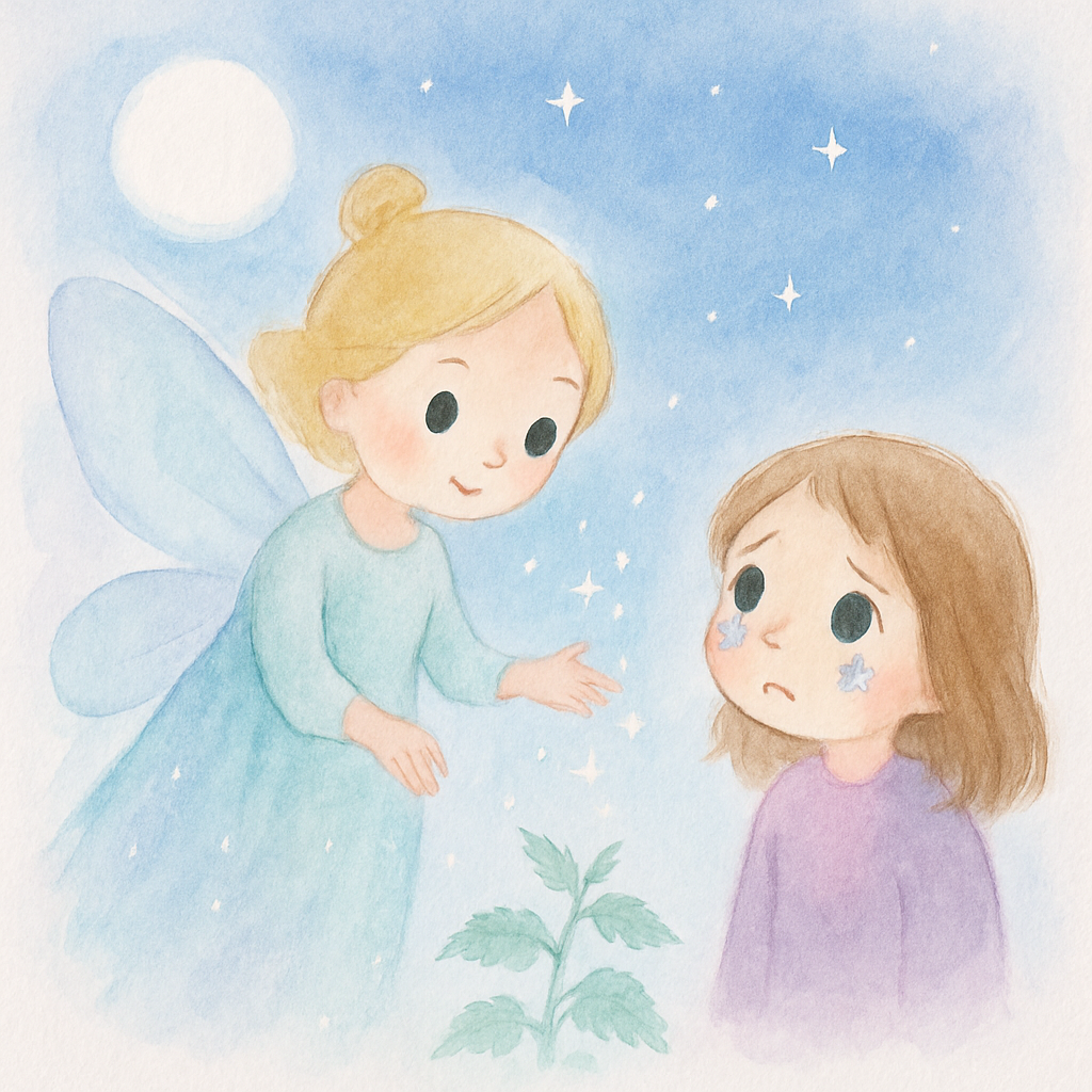 밤에 요정이 나타나 여동생에게 쐐기풀 옷을 만드는 방법을 알려주는 장면